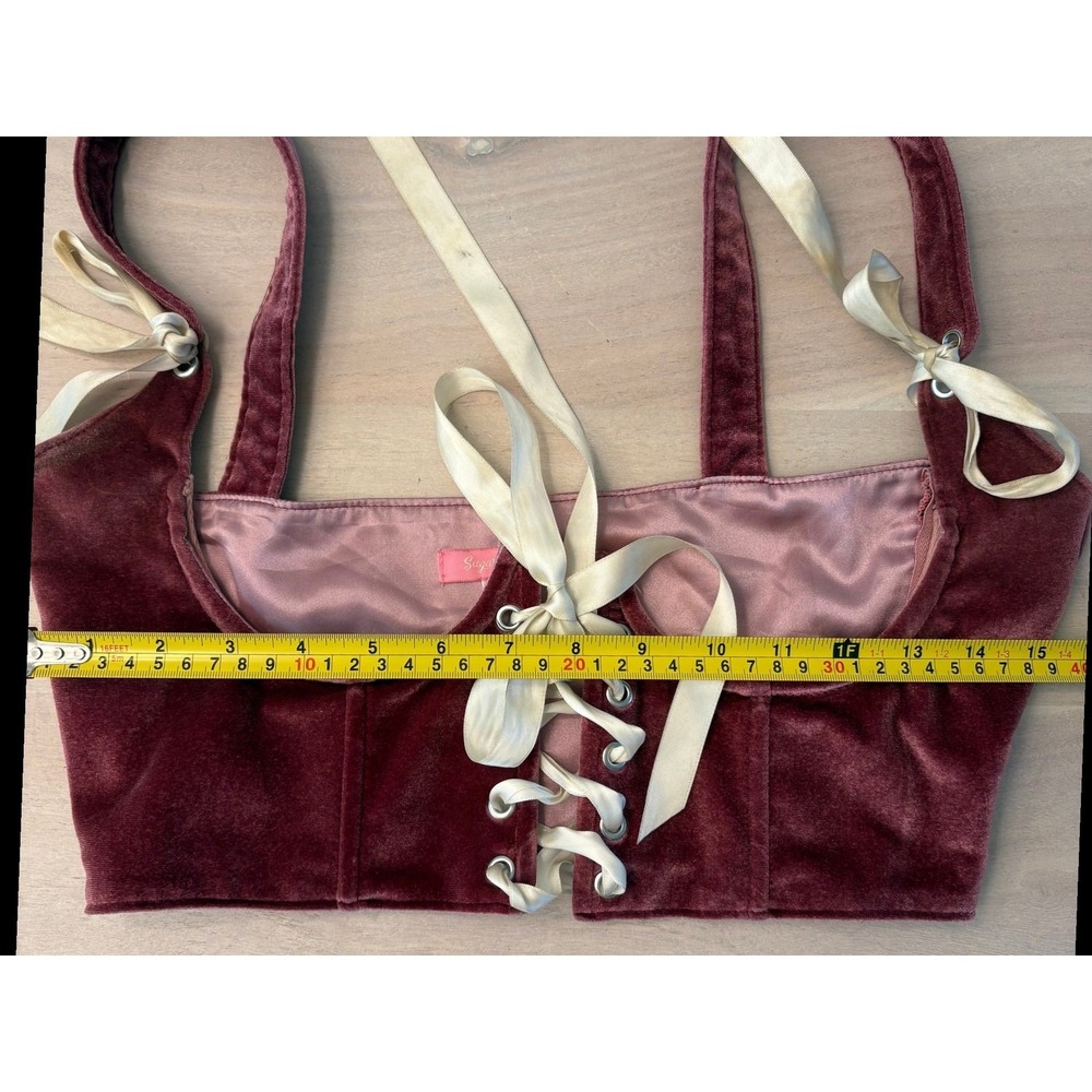 Sugar Trill Burgundy Velvet Corset Bustier Crop Top Ivory Ribbon LaceUp S - Picture 6 of 12